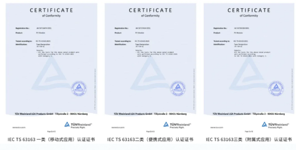 Three TÜV Rheinland certificate pages for IEC TS 63163 application classes.