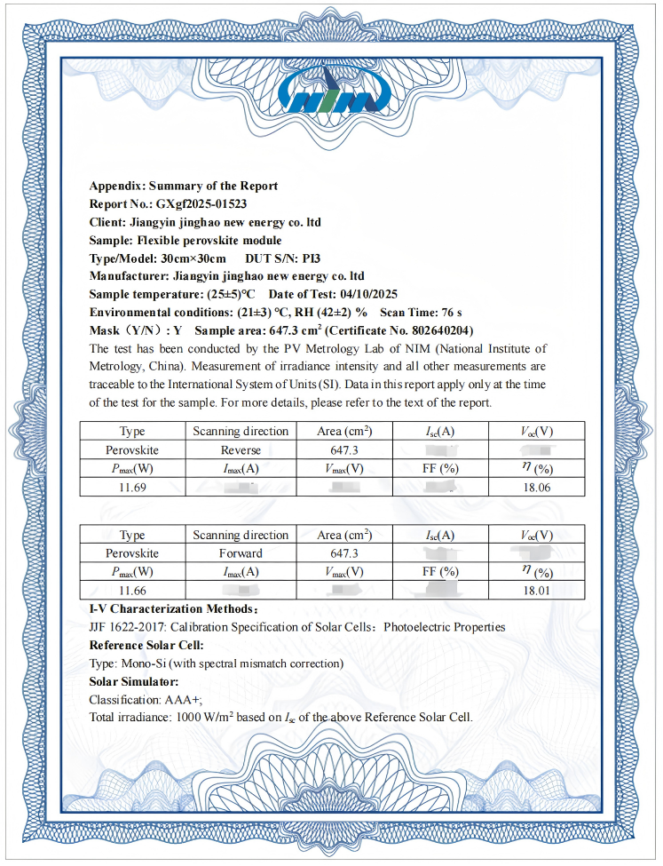Photovoltaic test-report summary page containing a results table and test conditions.
