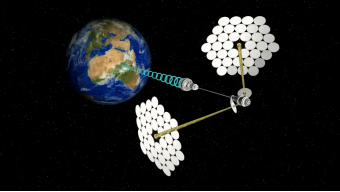 Concept diagram of an orbital solar-power system transmitting energy toward Earth.